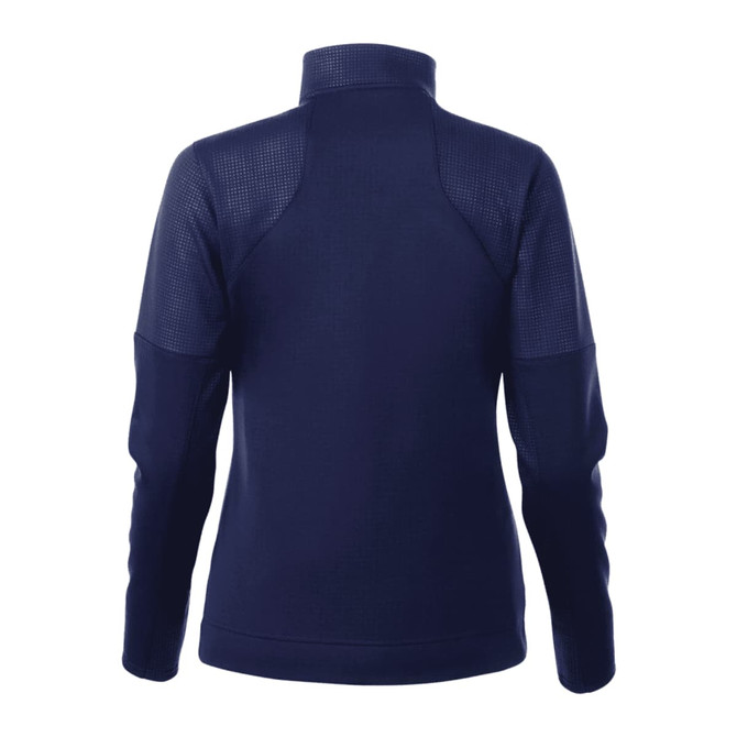 A navy women's full zip performance jacket with thumb holes, featuring a structured fabric design and a collar.