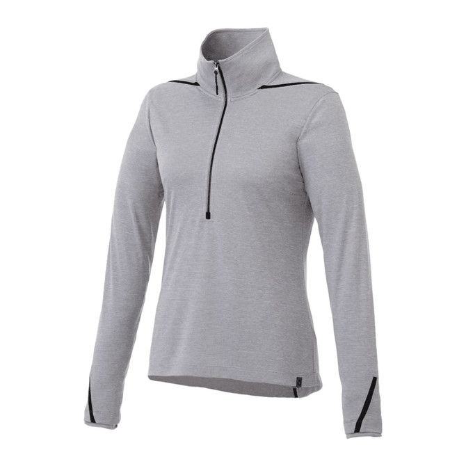 A grey women's half zip jumper with long sleeves and a high collar, featuring a small logo.
