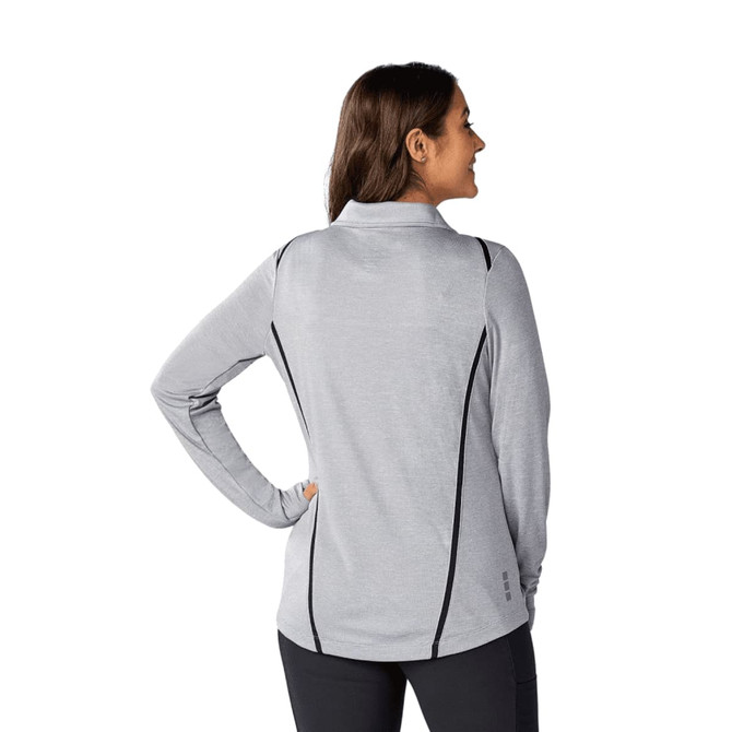 A women's grey eco knit performance half zip jumper with black detailing, featuring a logo.