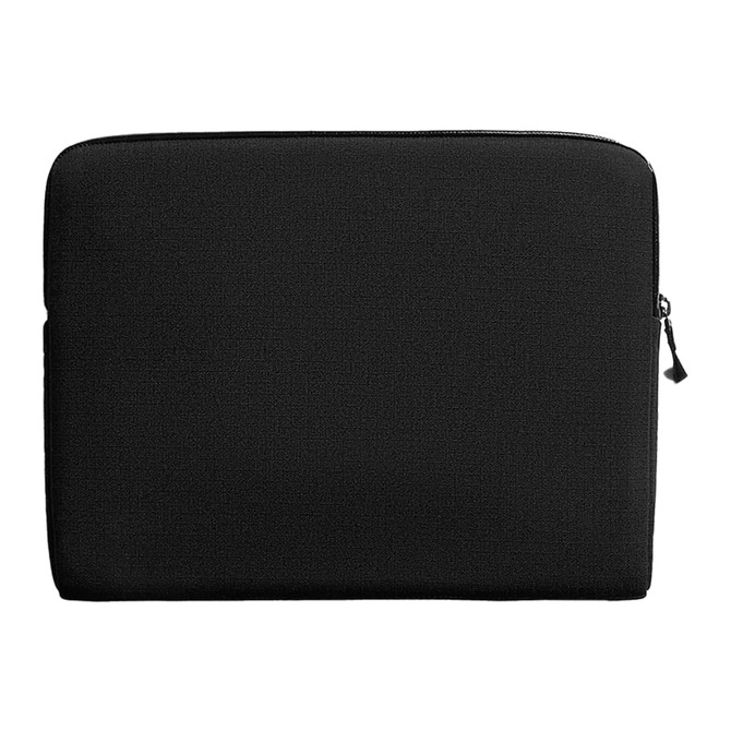 A black laptop caddy with a textured surface and a zip closure. It features a branding logo.
