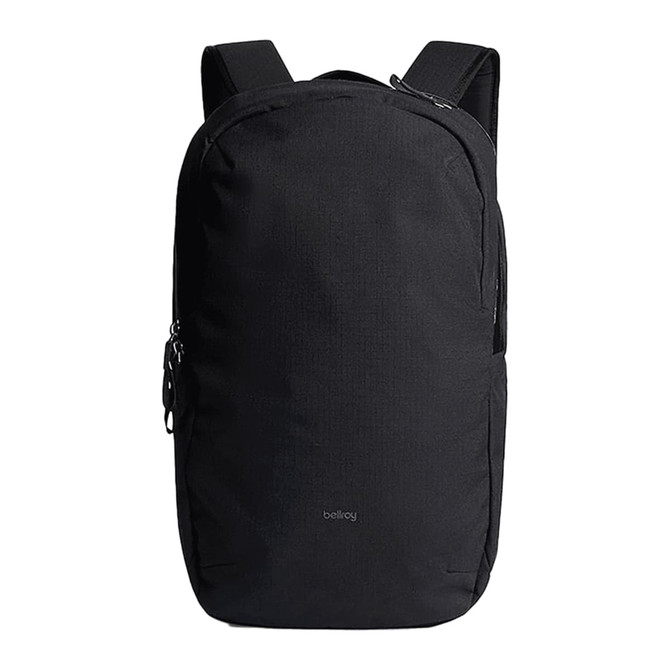 A black backpack with adjustable straps, featuring a logo and a sleek, minimalist design.