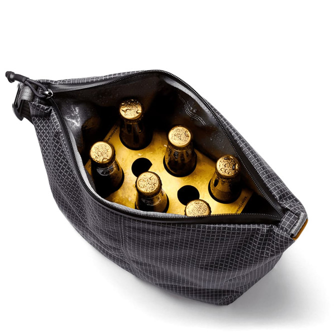 A black cooler bag containing six drink bottles, with a zippered closure and a logo visible on the outer surface.