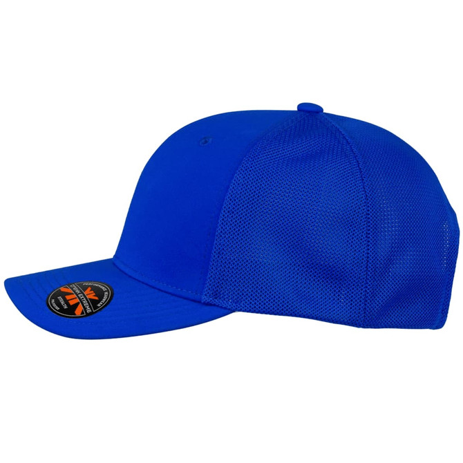 A blue Stealth Mesh Flex Cap with a mesh back and a logo on the side.