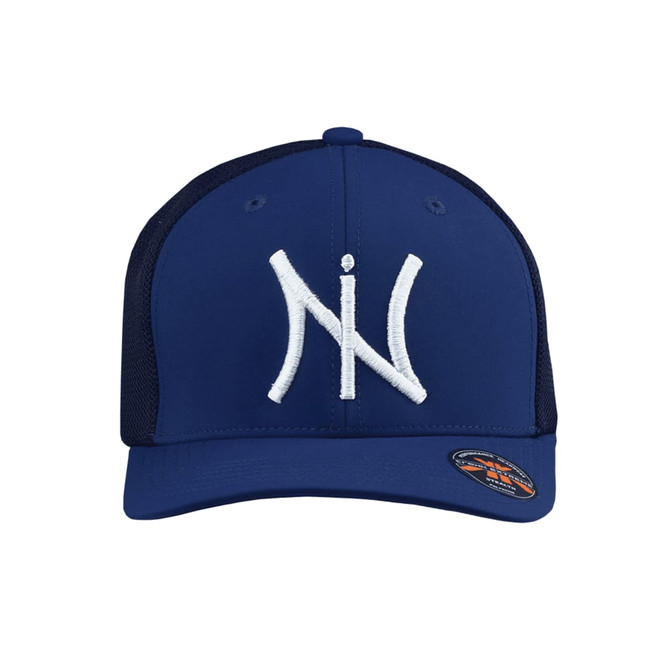A navy blue cap featuring white embroidered branding. The design includes a mesh back for breathability.