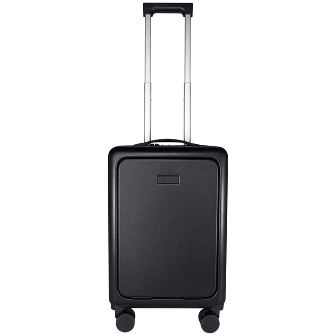 A black wheeled cabin trolley bag with a retractable handle and two wheels, featuring a logo on the front.