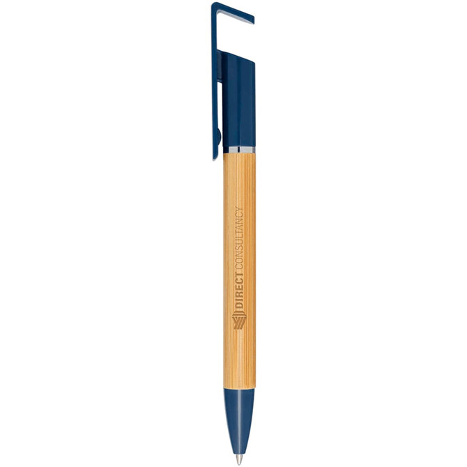 A bamboo pen with a blue clip and a logo, featuring a sleek design suitable for promotional use.