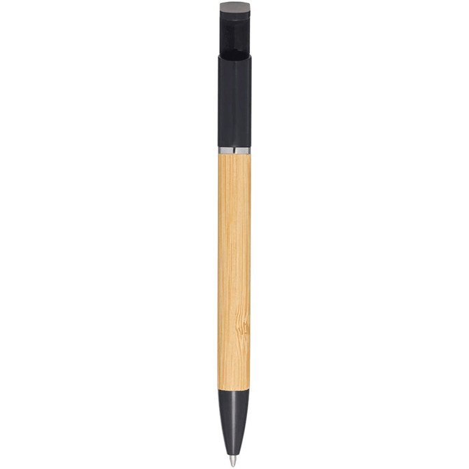 A bamboo pen with a black top and tip, featuring a simple design and a logo on the barrel.
