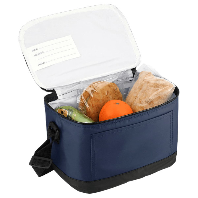 A navy insulated lunch bag with a zippered opening, containing bread rolls, an orange, and an apple. It has a logo.