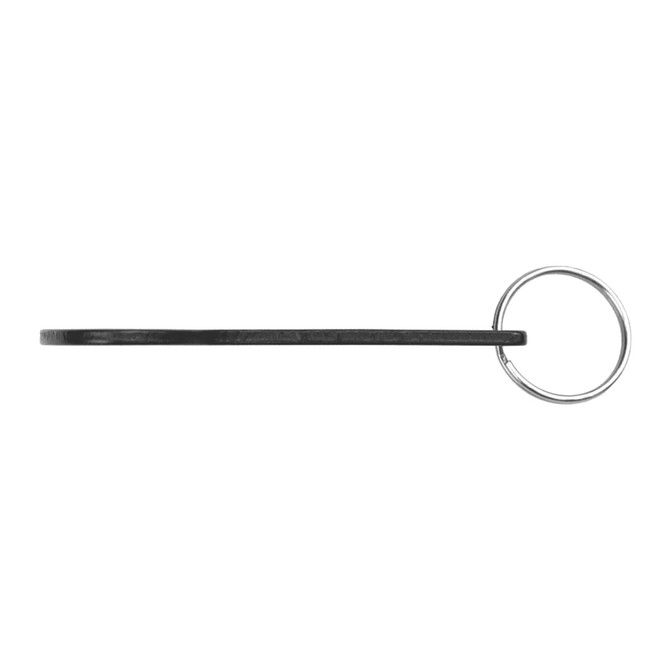 A drink bottle opener key ring in black with a metal ring for attaching to keys.