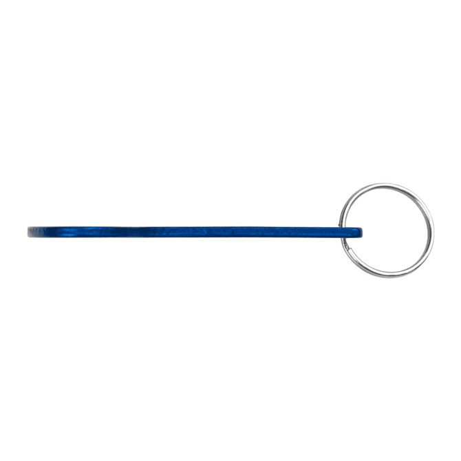 A drink bottle opener key ring in bright blue with a silver ring, featuring a logo.
