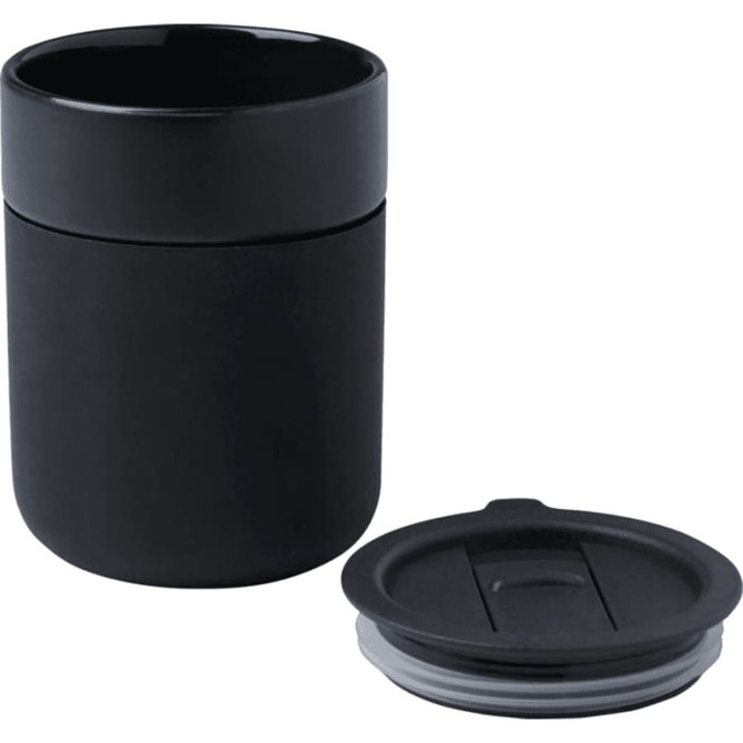 A black ceramic tumbler with a silicone wrap and a removable lid. It has a smooth finish and a modern design.
