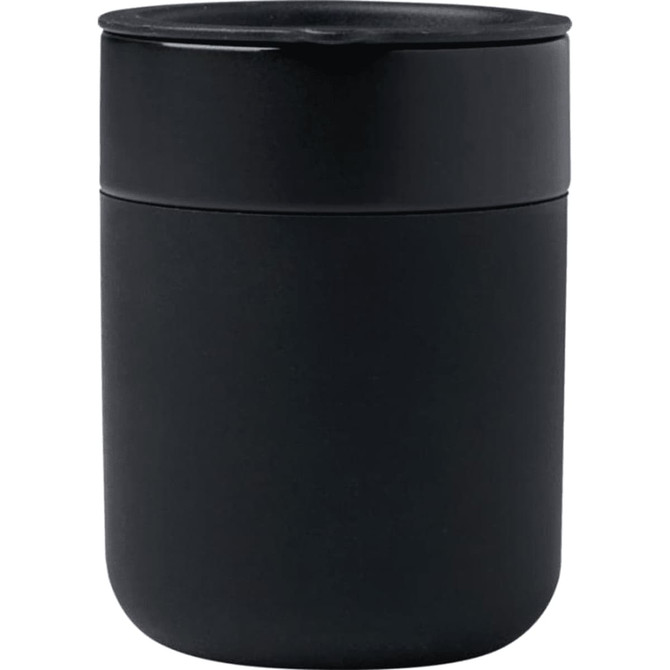 A black ceramic tumbler with a silicone wrap and a matching lid, designed for hot or cold beverages.