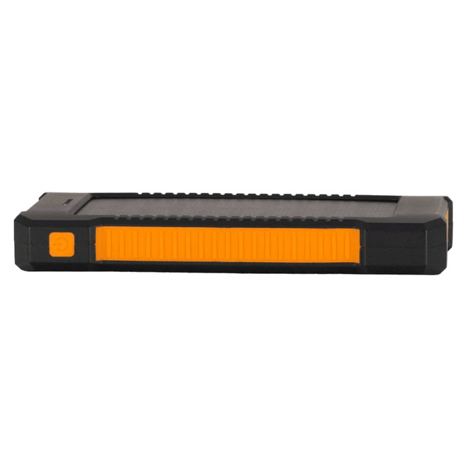 A black and orange solar power bank with a rugged design, featuring a logo on its side.