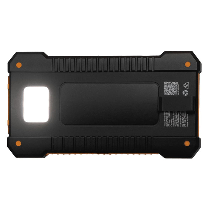 A black and orange solar power bank featuring a rugged design and a branding logo.