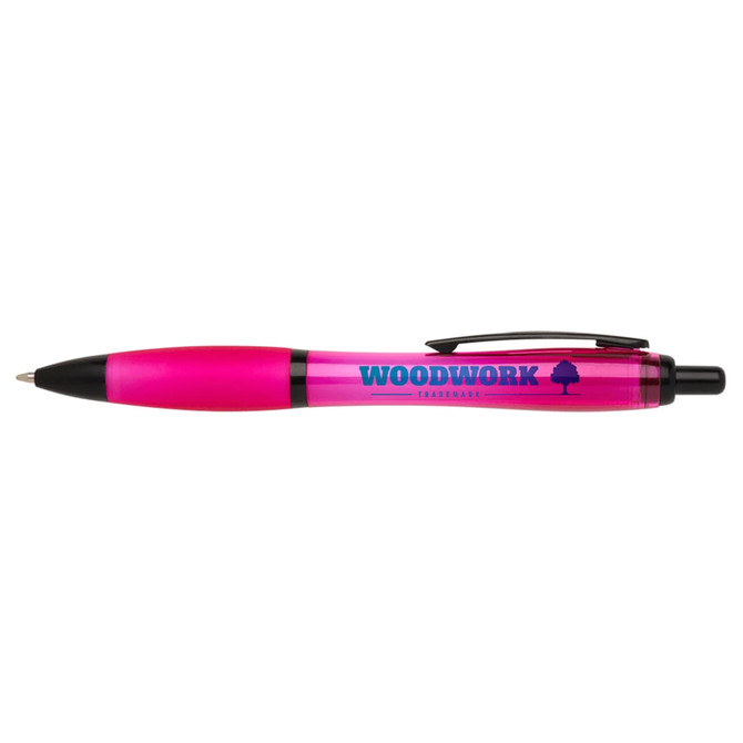 A recycled black pen with a transparent pink body and a clip, featuring a logo on its side.