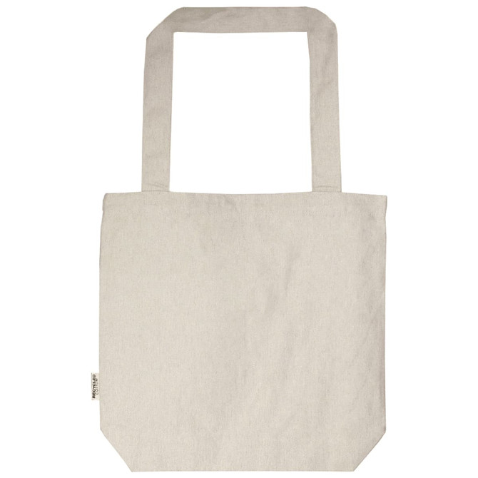 A natural beige tote bag with two sturdy handles and a plain design. It features a small branding label.