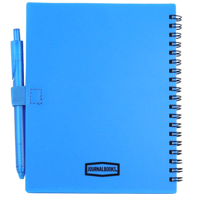 A blue recycled PP journal with a pen, featuring spiral binding and a logo on the cover.