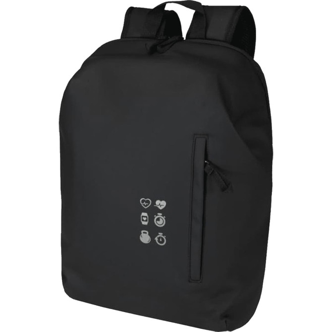A black anti-theft backpack with a sleek design, featuring a zip pocket and subtle logo details.