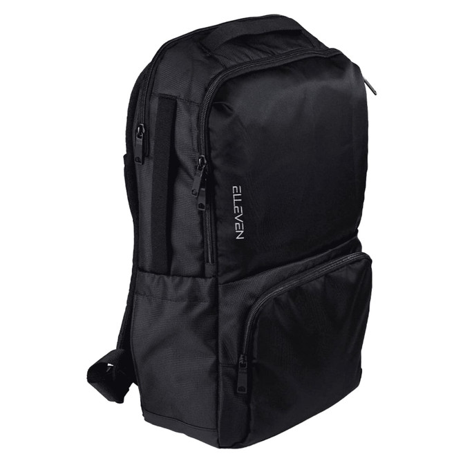 A black backpack with multiple compartments and a logo, designed for carrying laptops and accessories.