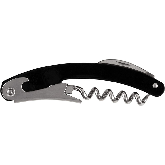 A black and silver waitress knife with a corkscrew, bottle opener, and a small blade. It features a logo.