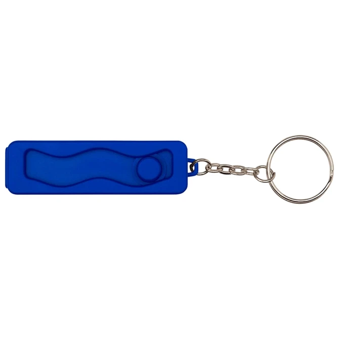 A blue keychain fidget toy with a smooth surface and a button, attached to a metal ring.