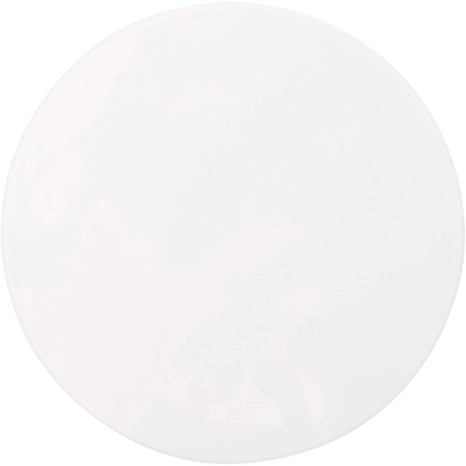 A round, glossy white makeup mirror with a smooth surface and a sleek design. It features a logo on the back.