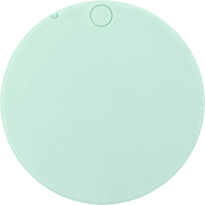 A circular mint green makeup mirror featuring a smooth surface and a small button, with a logo present.