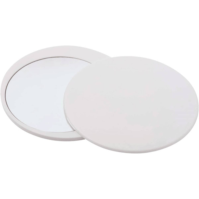 A round white makeup mirror with a reflective surface, featuring a sleek design and a branded logo.