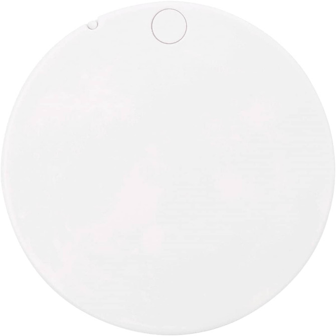 A round, white compact makeup mirror with a small button on one side and a logo.