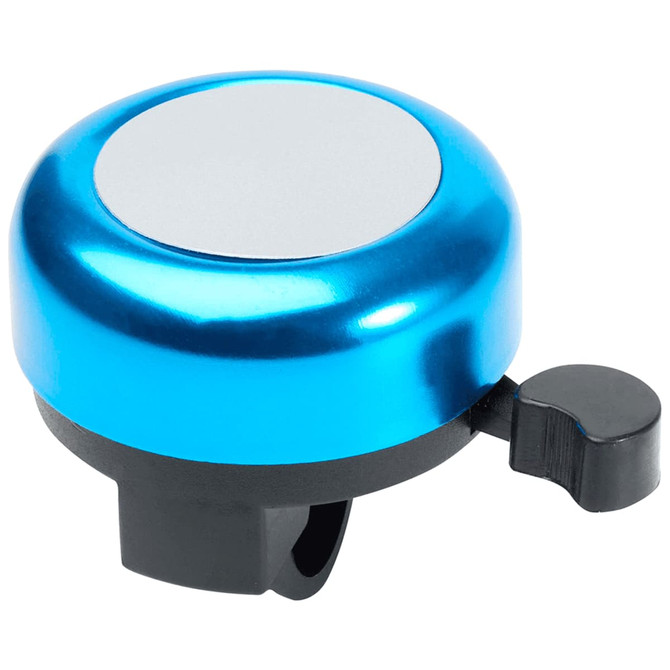 A blue bicycle bell with a shiny finish and a black lever for ringing. It has a circular shape and a blank centre.