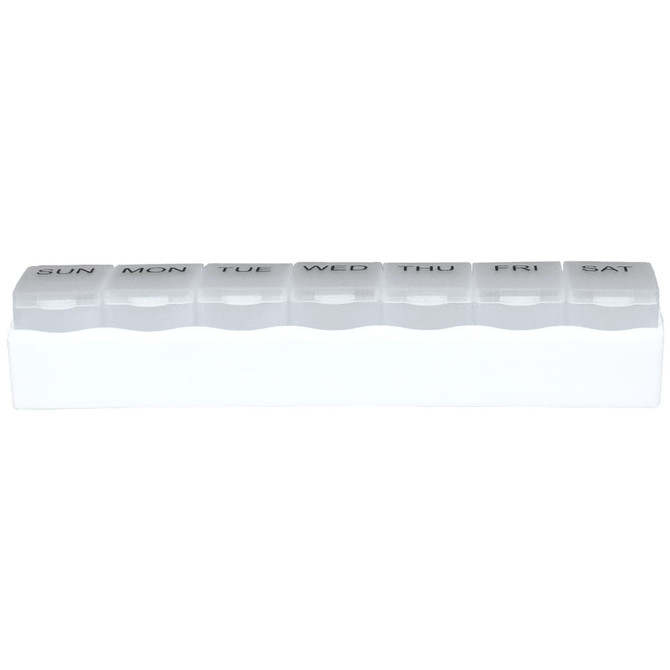A white weekly pill organiser with compartments labelled for each day of the week. It has a simple design and a branding logo.