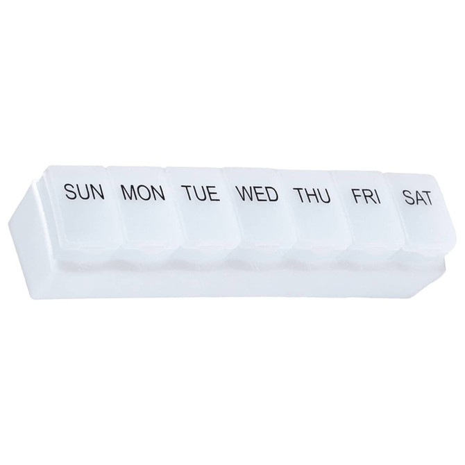 A weekly pill organiser in transparent plastic with sections for each day, labelled from Sunday to Saturday.