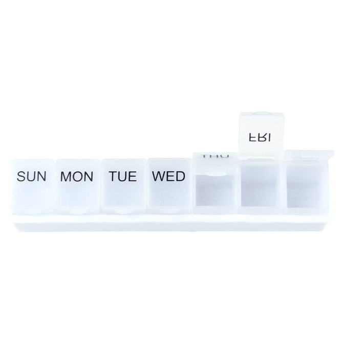 A weekly pill organiser in clear plastic with compartments labelled for each day of the week.