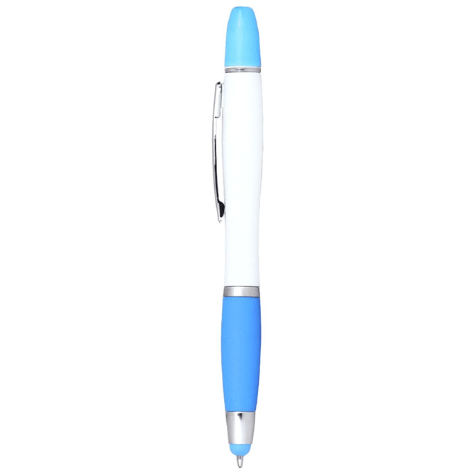 A ballpoint pen with a white body, blue accents, and a clip, featuring a branding logo.