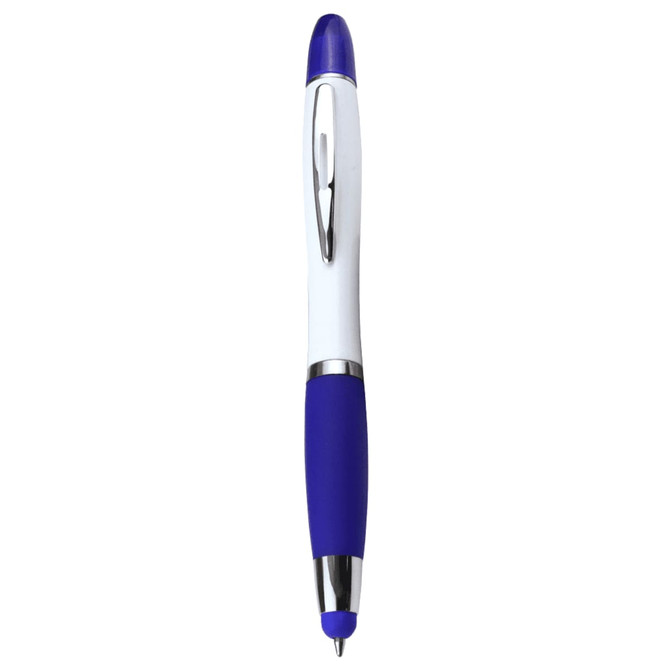A ballpoint pen with a blue tip and grip, featuring a white barrel and a silver clip, includes branding.