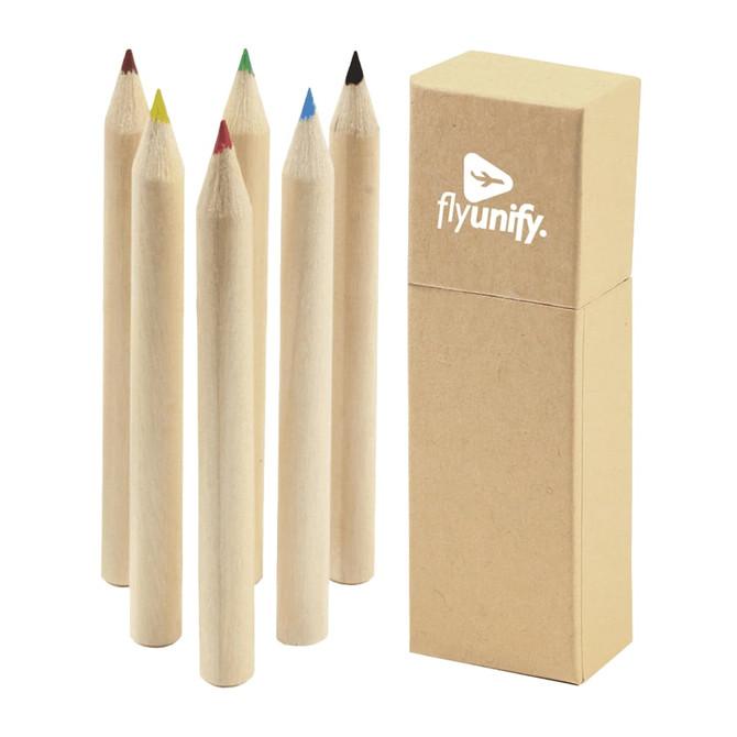 A coloured pencil set featuring six pencils in red, green, blue, black, and yellow, packaged in a cardboard box with a logo.