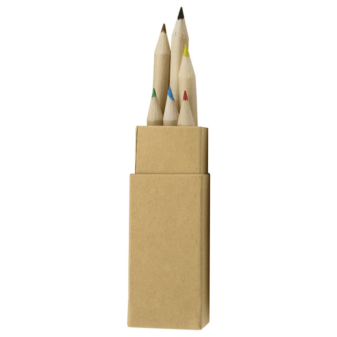A coloured pencil set featuring six pencils in various colours, presented in a simple cardboard box with a logo.