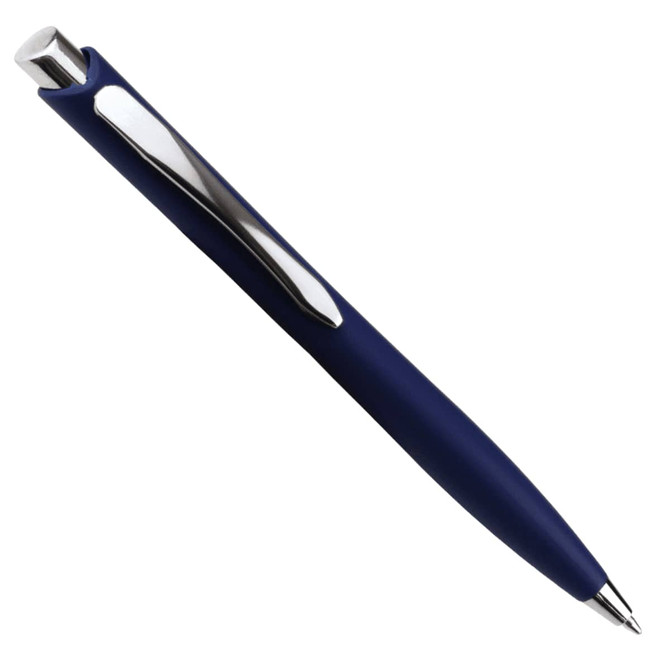 A navy blue ballpoint pen with a chrome clip and a click action mechanism. It features a sleek, smooth design and a logo.
