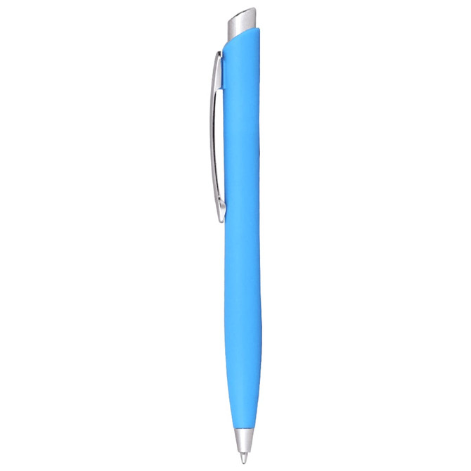 A blue ballpoint pen with a silver clip and a smooth finish, featuring a simple design.