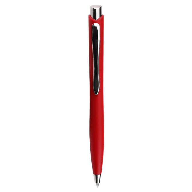 A red ballpoint pen with a sleek design and a silver clip, featuring a logo on the body.