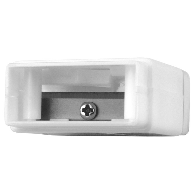 A pencil sharpener with an eraser, featuring a white body and a metallic sharpener blade. It has a logo on the side.