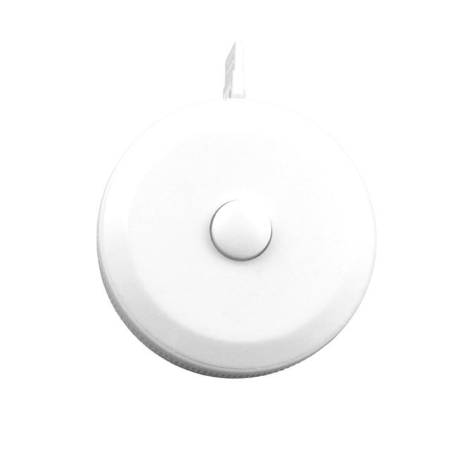 A white 1.5m tape measure with a round casing and a push-button mechanism. It features a logo on the casing.