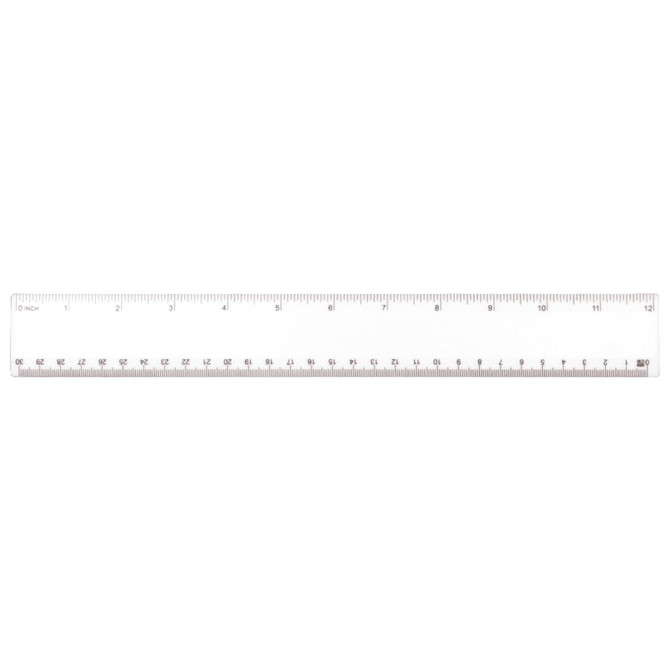 A 30cm clear plastic ruler with metric measurement markings and a branding logo.