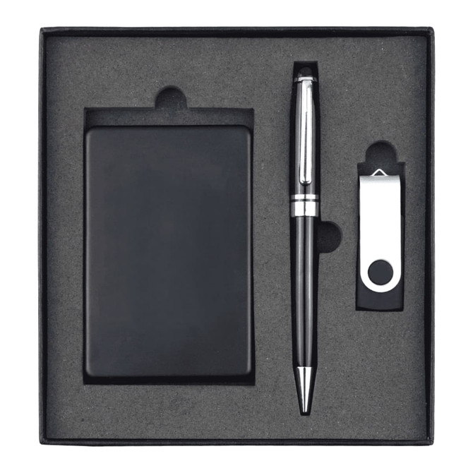 A black gift set including a power bank, USB drive, and a pen, neatly displayed in a black box.