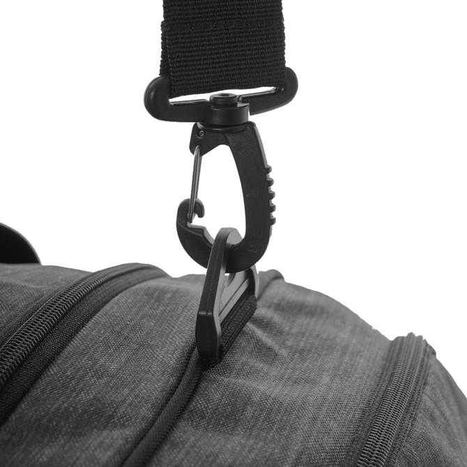 A close-up of a black duffle bag strap featuring a clip attachment and zipper detail.