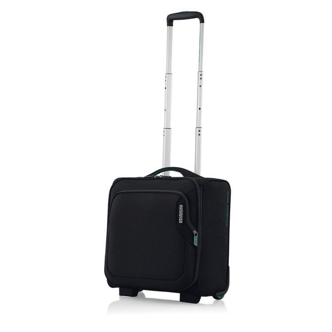 A black wheeled underseater suitcase with a retractable handle and a logo.