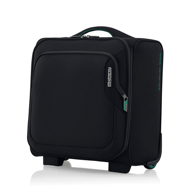 A black underseat luggage with a teal zip, featuring a smooth surface and a branded logo on the side.