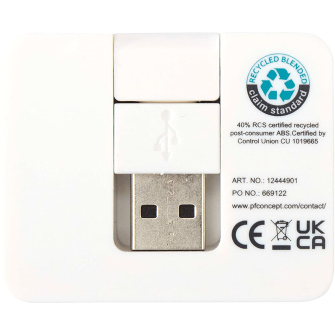 A white 4-port USB hub featuring USB-A and Type-C outputs, with a compact design and a logo.