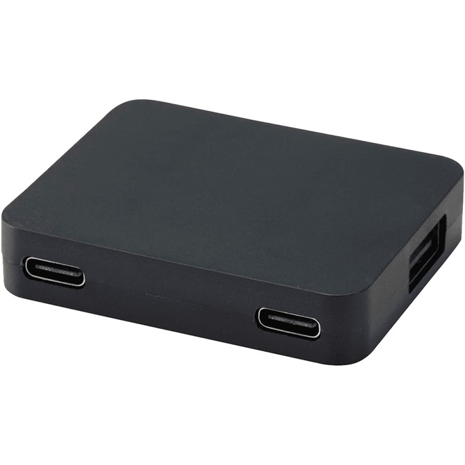 A black USB hub with four ports, including USB-A and Type-C outputs, featuring a compact rectangular design.