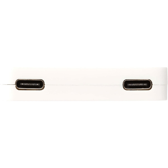 A white 4-port USB hub with USB-A and Type-C outputs, featuring multiple connection ports.